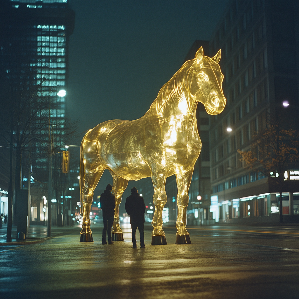 Giant Golden Horse in Unreal City Street at Night