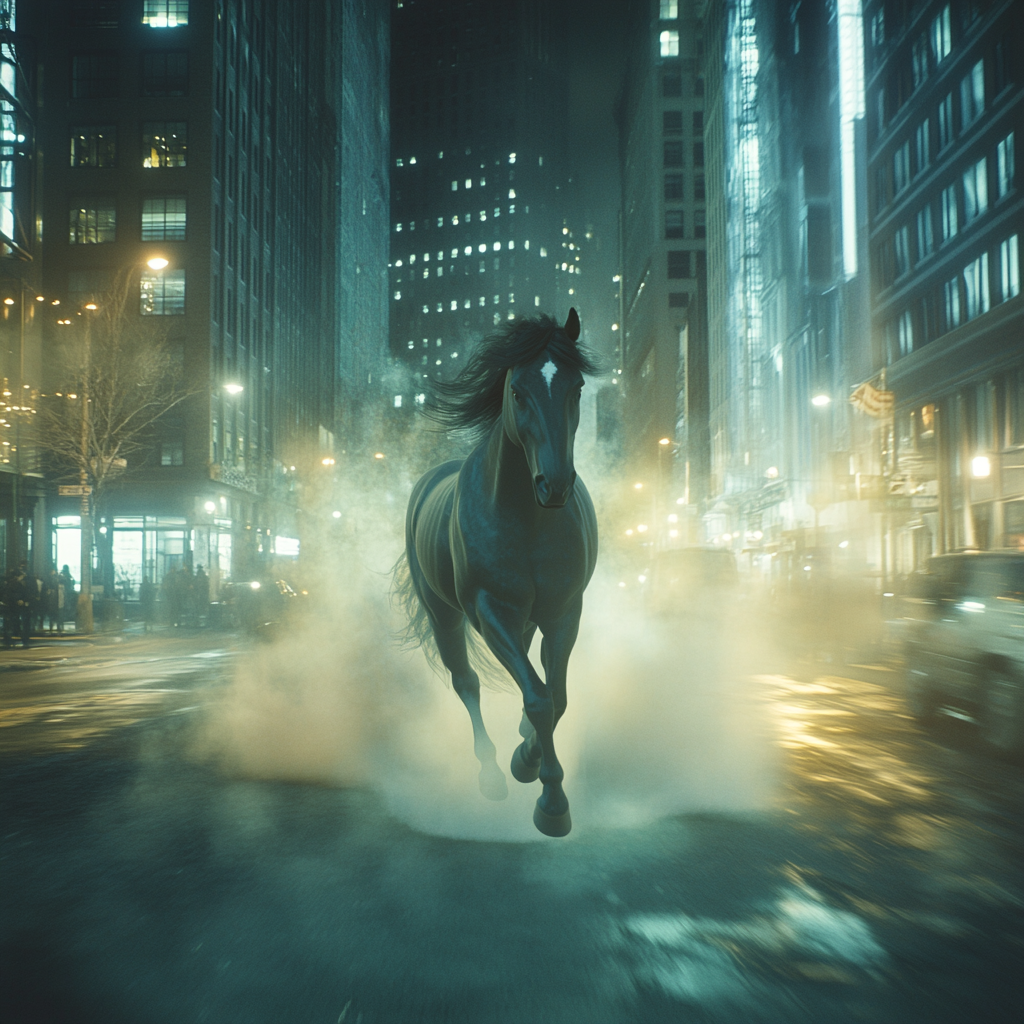 Giant Horse Galloping Ethereal City Street Night Photo