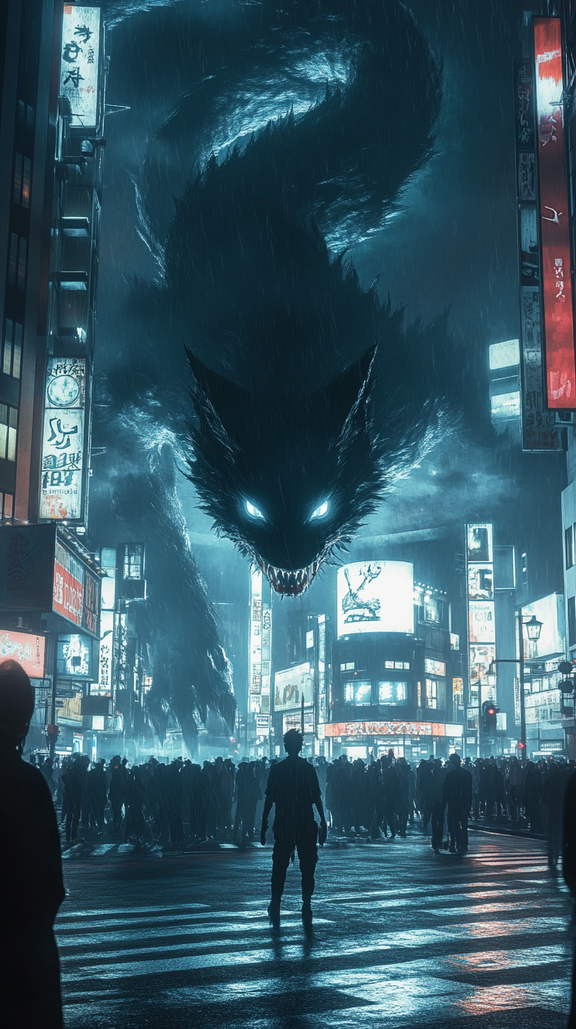 Giant Kitsune casts shadow over empty Shibuya intersection.