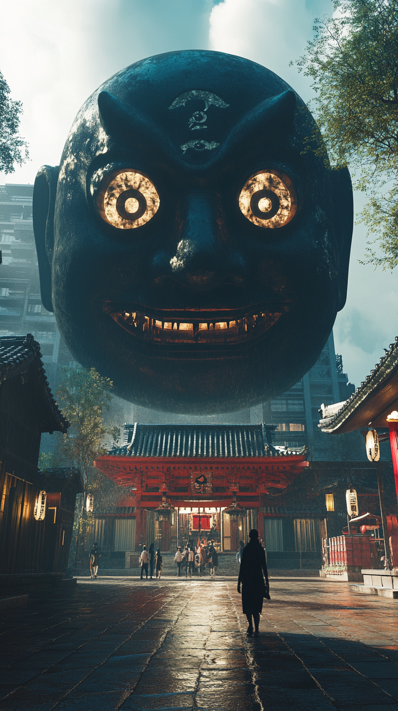 Giant Noh mask yokai floating over Shinto shrine.