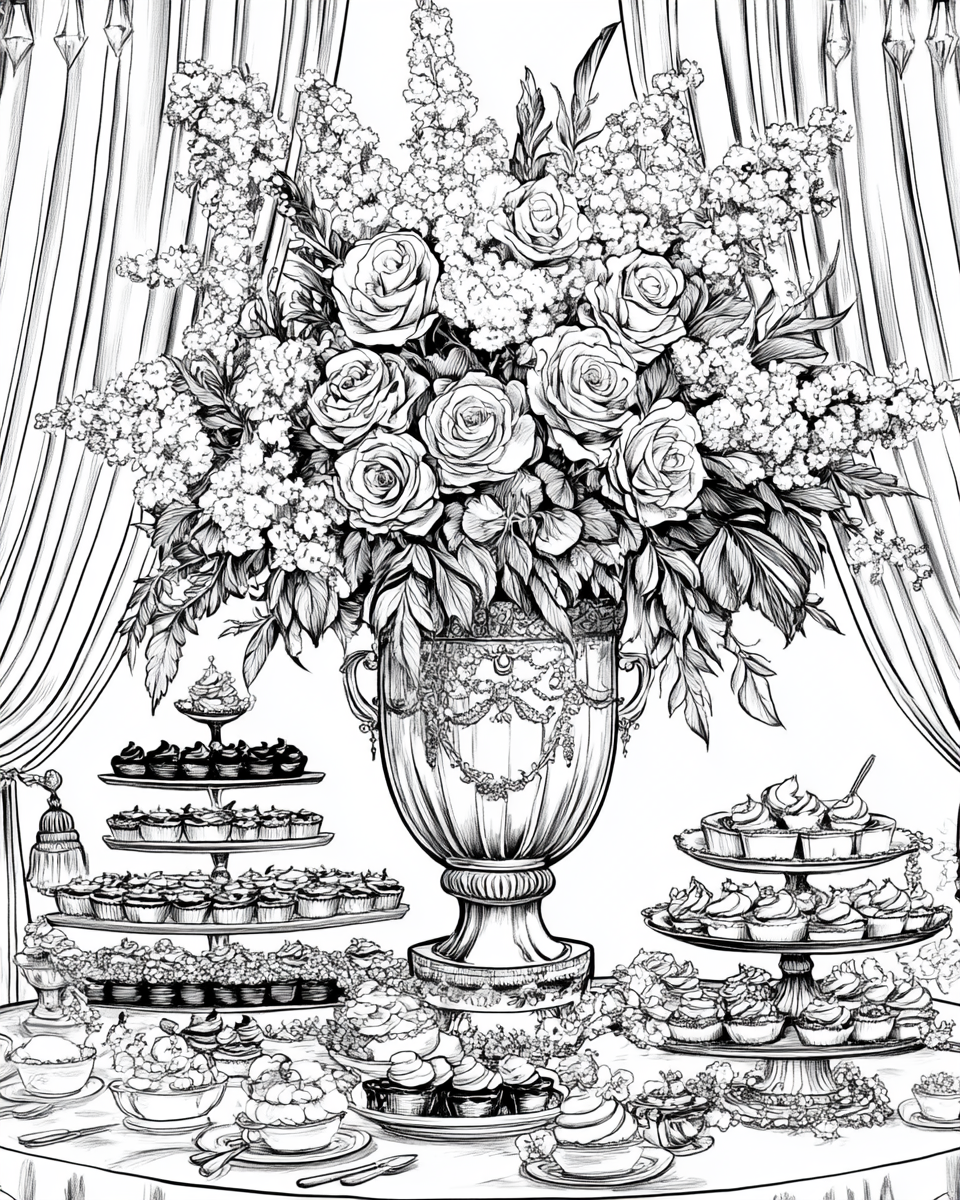 Giant Roses in Tall Chinese Vase Coloring Page