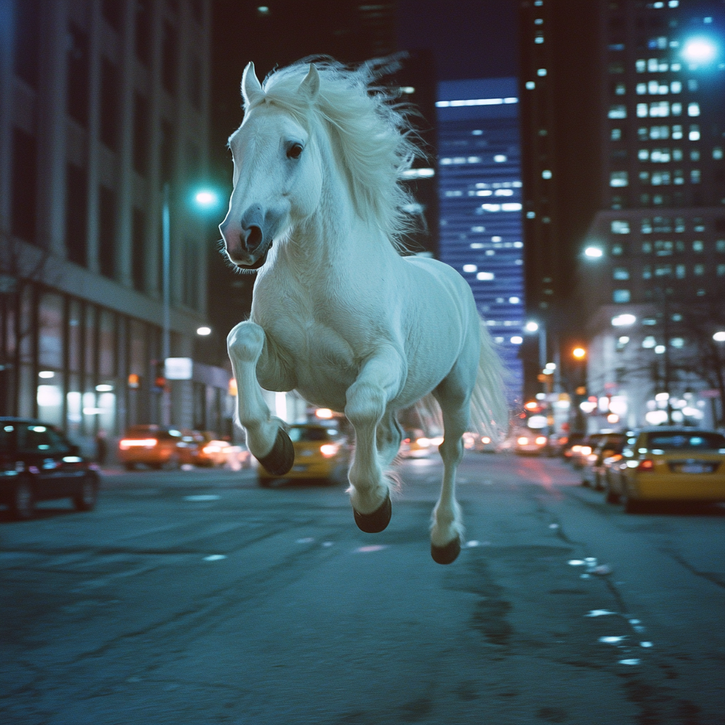 Giant White Pony Galloping in City Night Scene