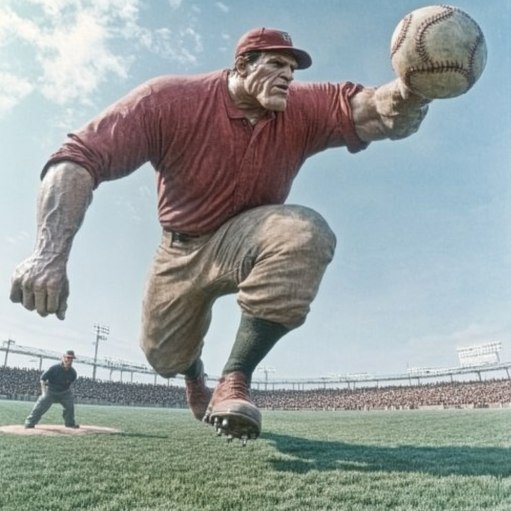 Giant baseball players pitch in oversized stadium