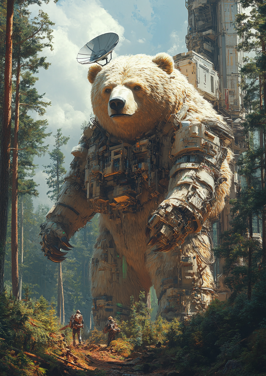 Giant bear in woods with satellite dish on head.