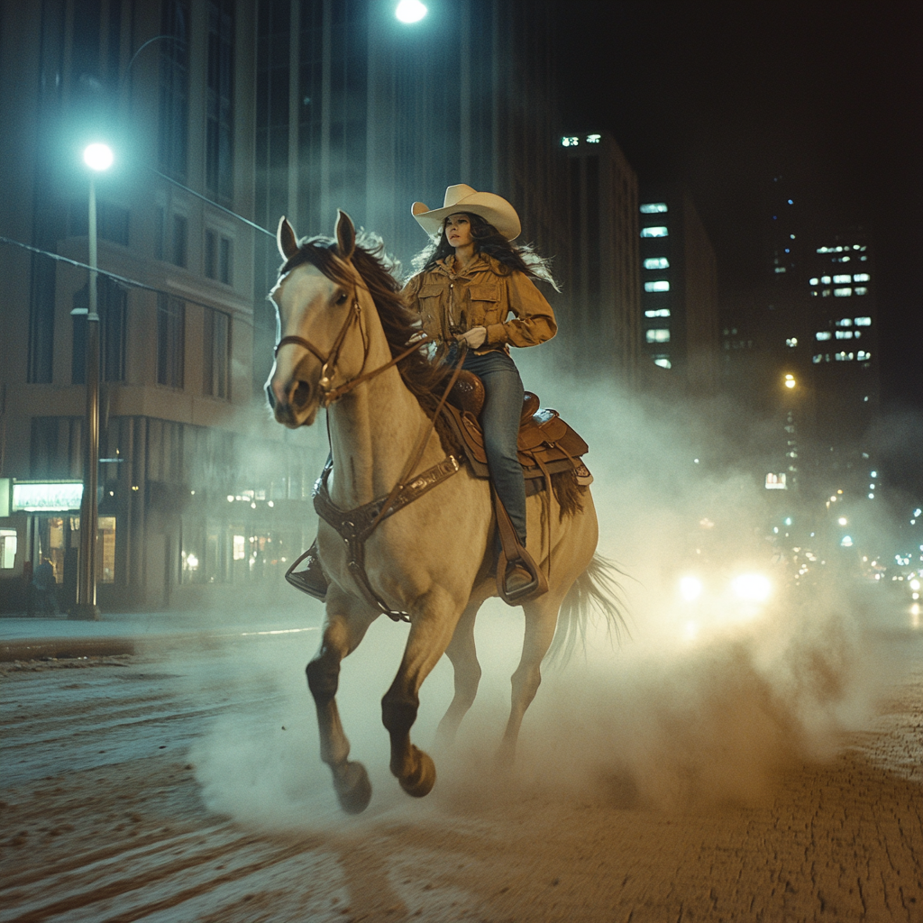 Giant cowgirl on horse in city, fantastical urban night scene