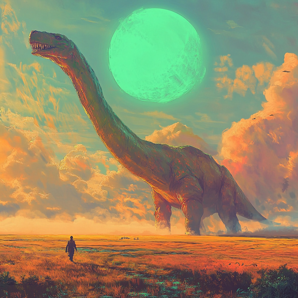 Giant creature on alien planet under green sun.