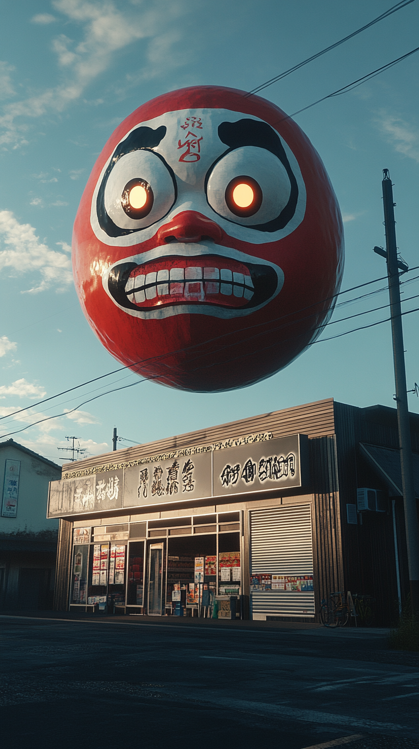 Giant daruma yokai hovers ominously above Japanese store.