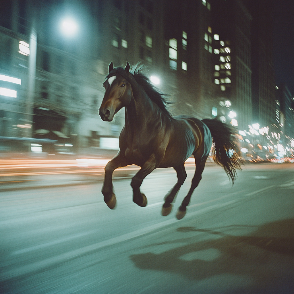 Giant ethereal horse in urban city at night