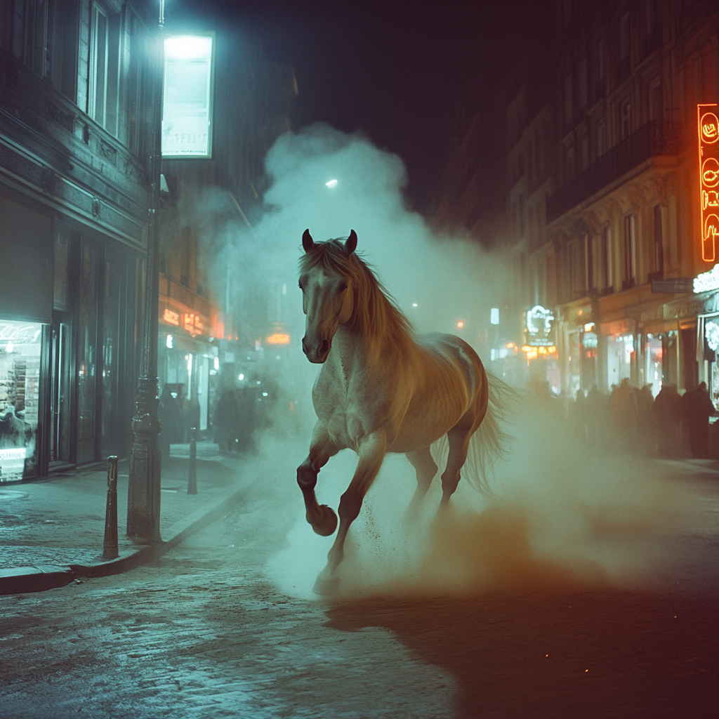 Giant horse galloping in city at night