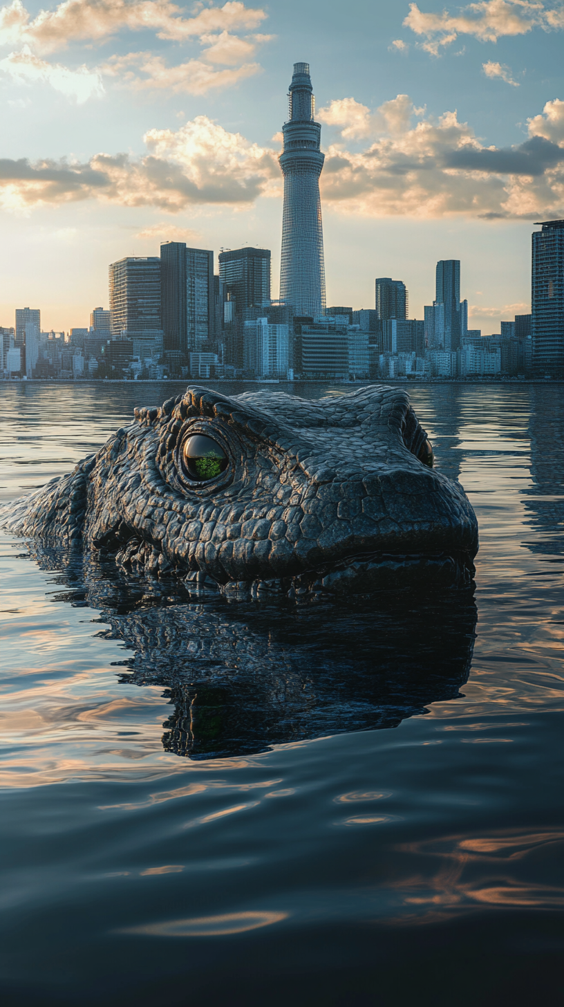 Giant kappa yokai in Tokyo Bay, city skyline.