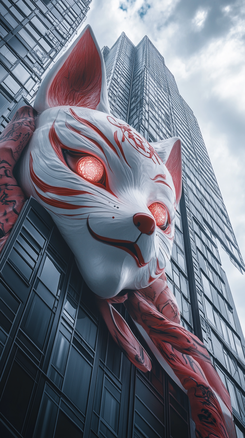 Giant kitsune mask yokai on modern building.