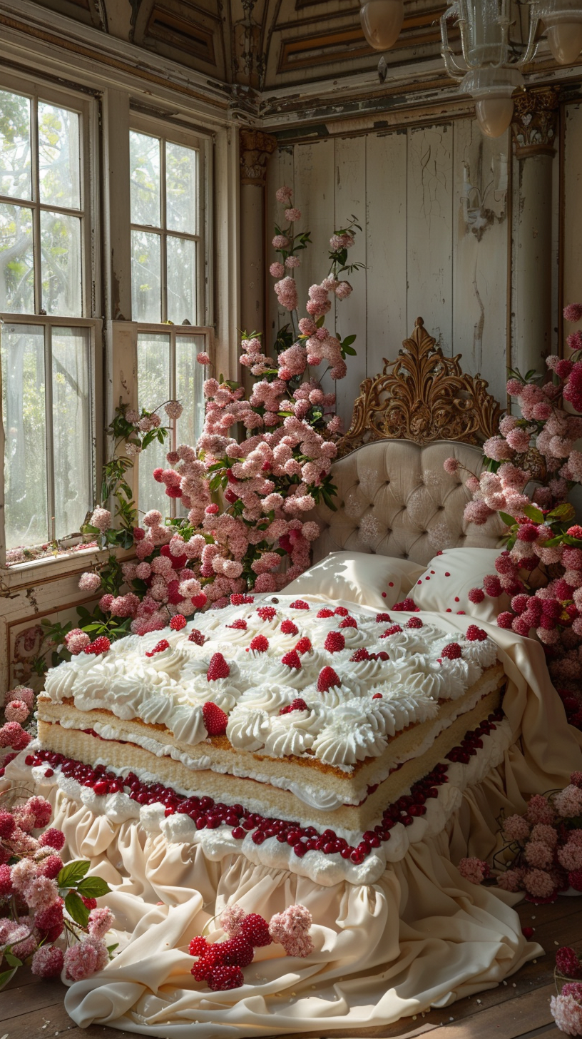 Giant layered cake bed surrounded by cherry trees indoors.