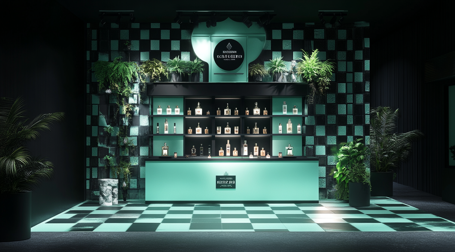 Giant minty green and black chessboard perfume stand.