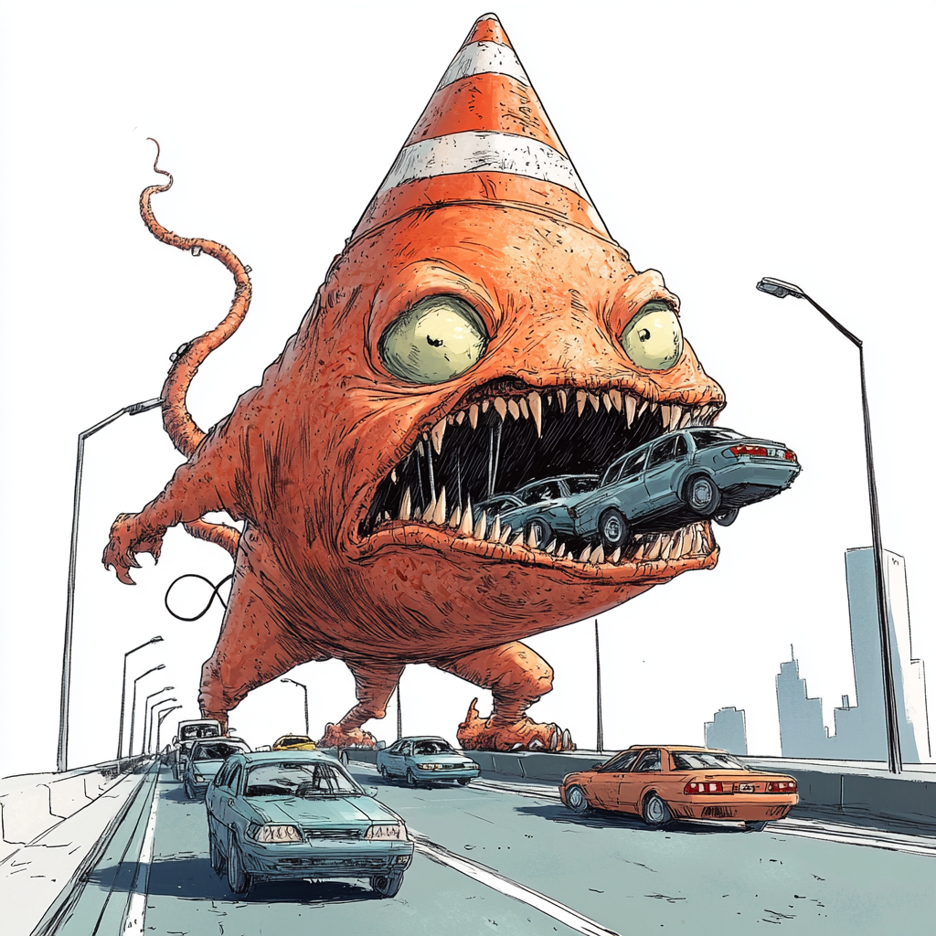 Giant monster traffic cone eats cars on highway