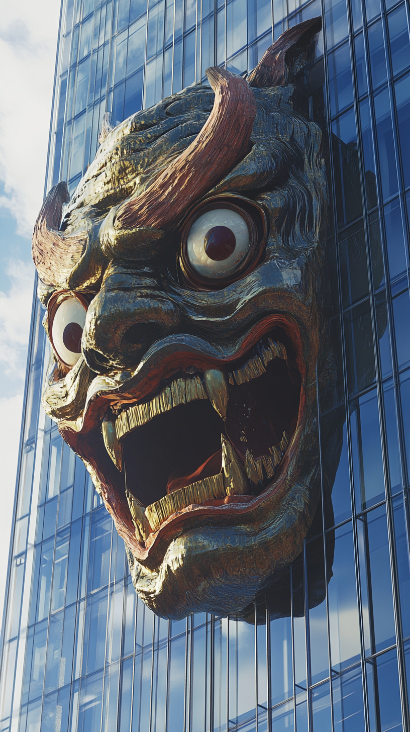 Giant oni mask yokai blends with Tokyo skyscraper.