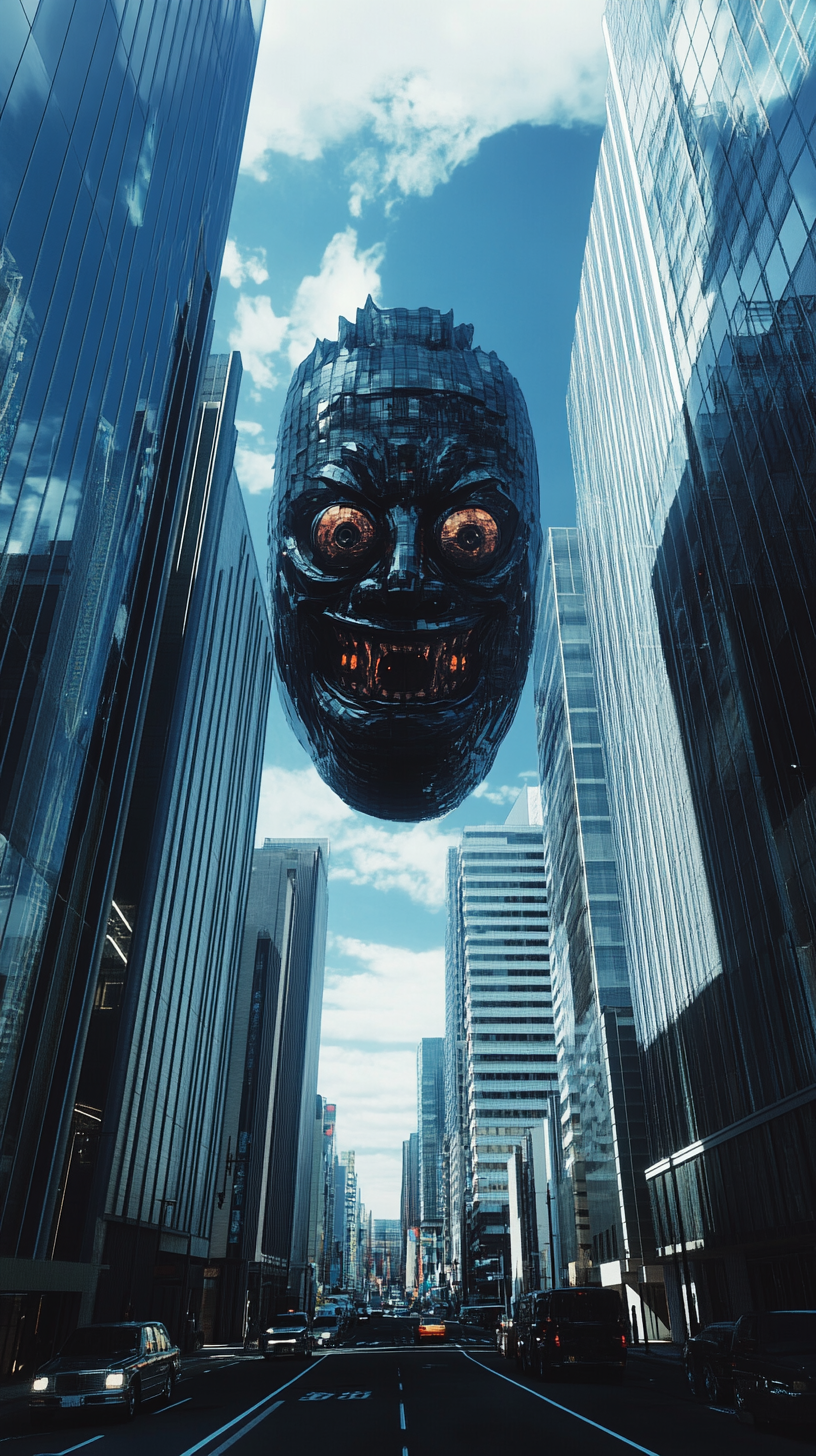 Giant oni mask yokai suspended in air Tokyo.