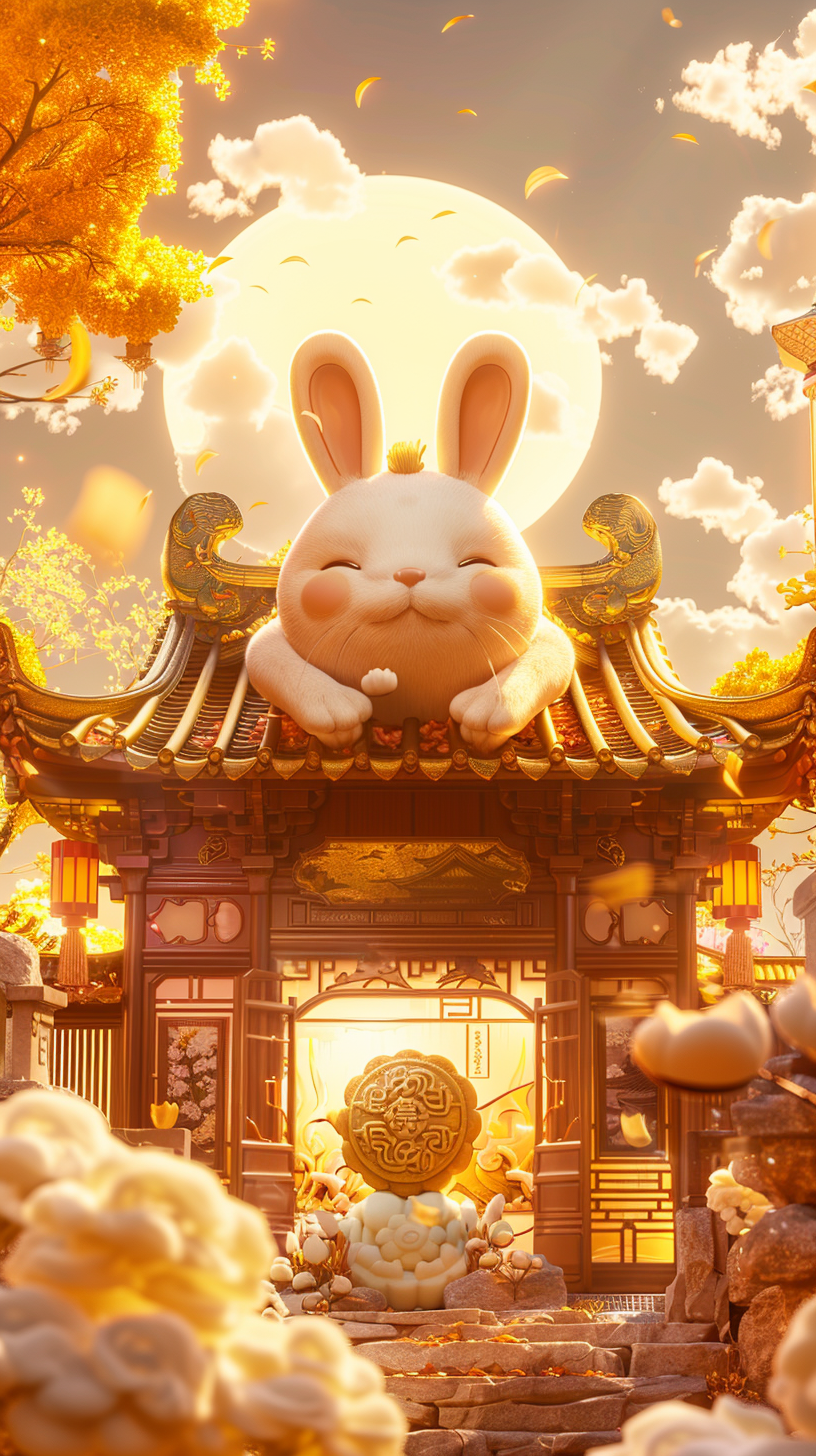 Giant rabbit holds mooncake in lovely Chinese shop.