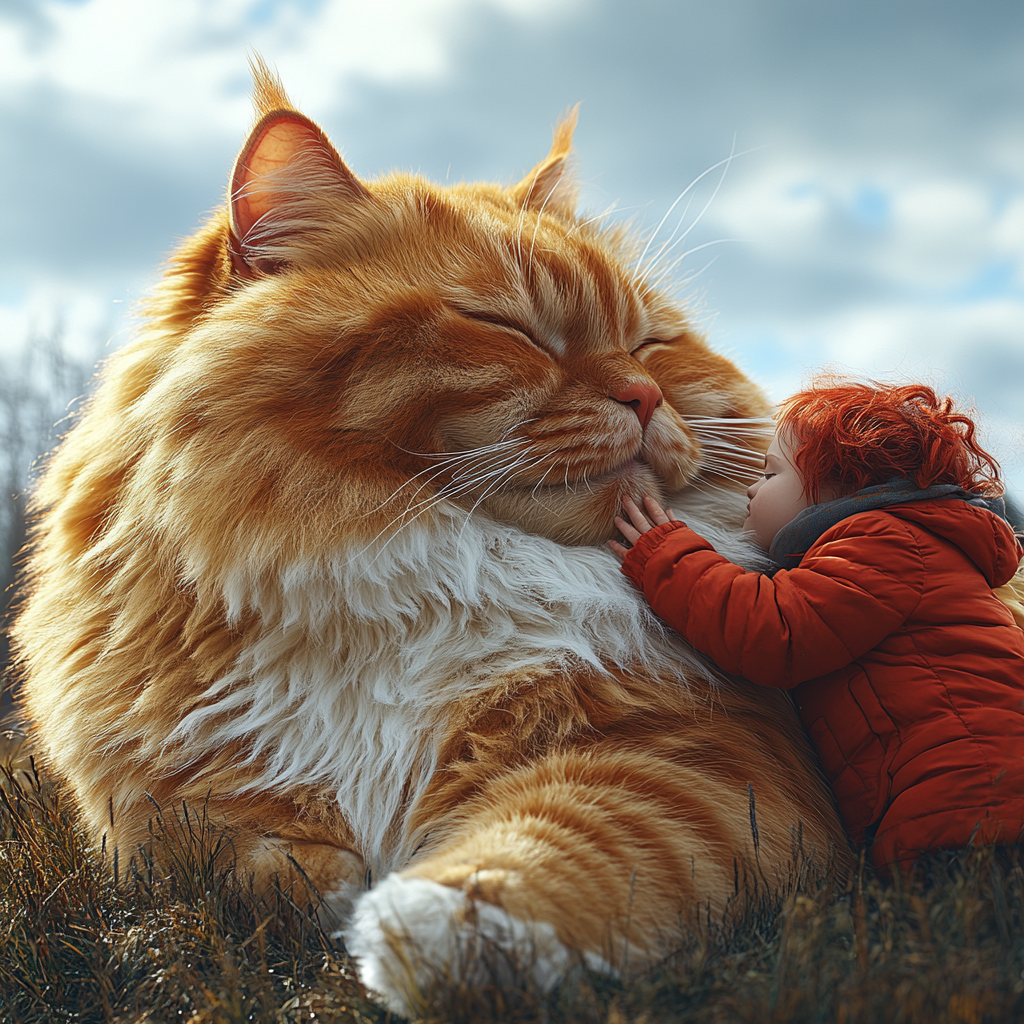 Giant red cat lies on grass, child strokes it.