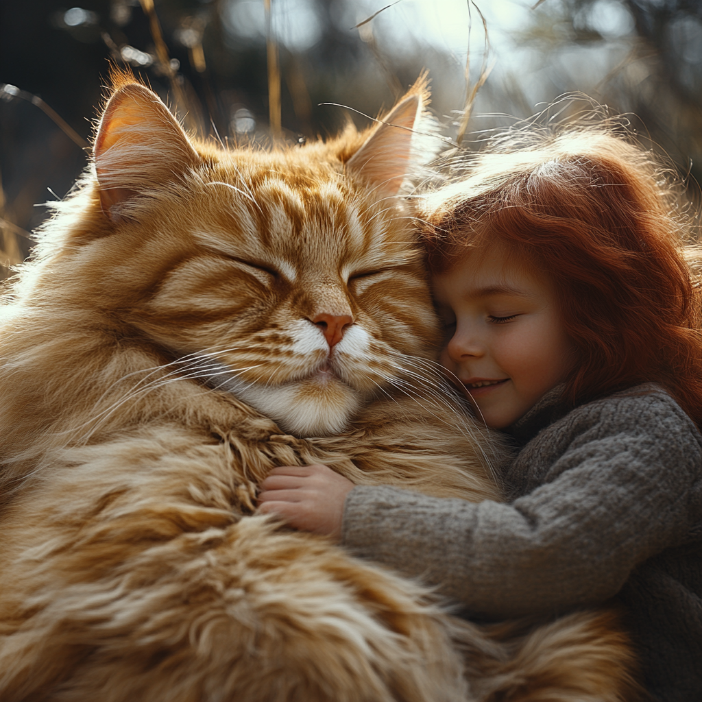 Giant red cat lies on grass, child strokes.