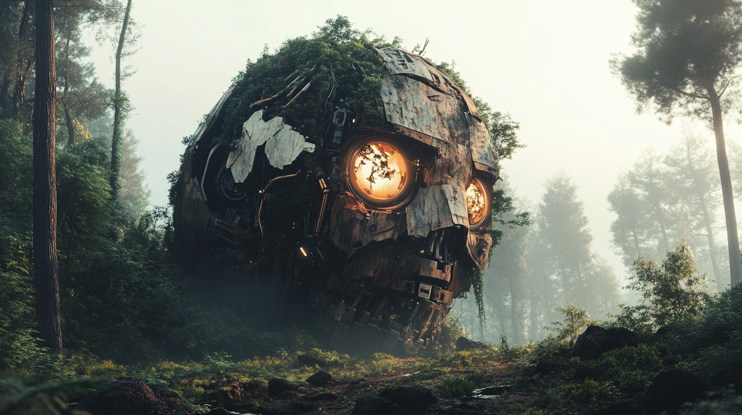 Giant robot in forest with illuminated eyes. Anime style.