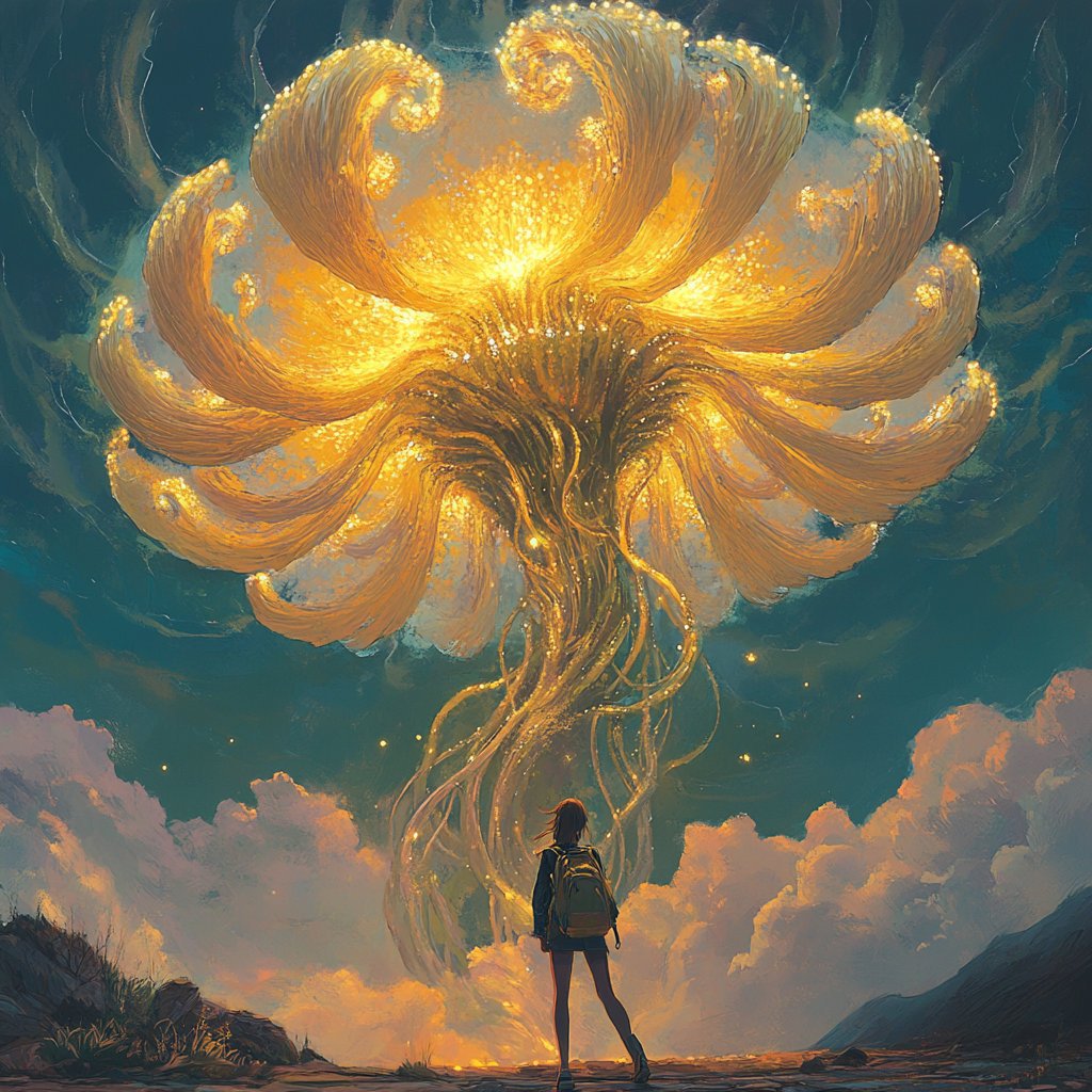 Giant shimmering ocean-like flower with golden pearls, girl looking up.