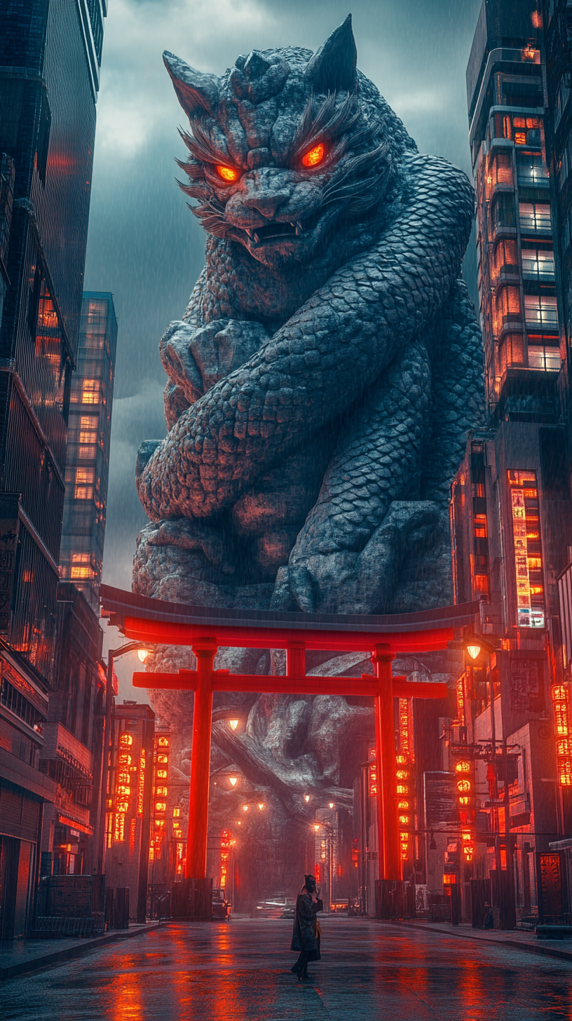 Giant stone Kitsune statue amidst modern buildings.