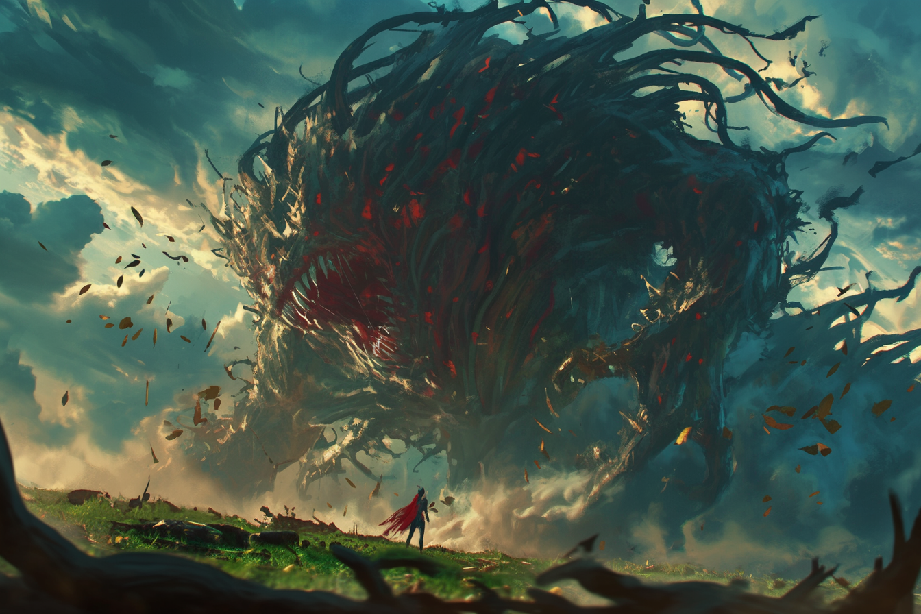 Giant tornado battles wind monster in detailed artwork styles.