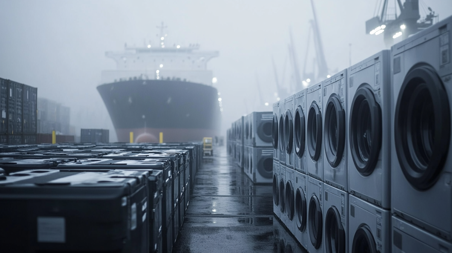 Giant washing machines stacked, ship at foggy dock.