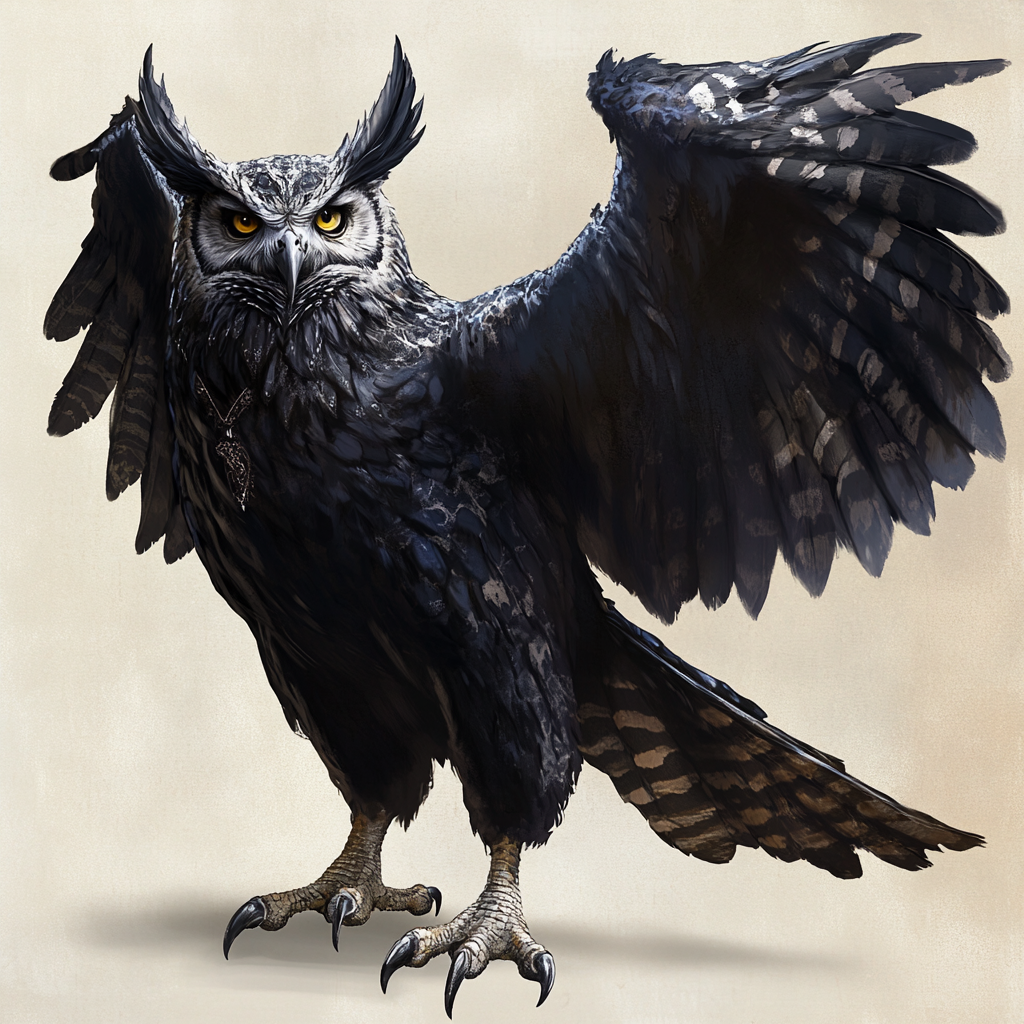 Giant winged creature with black feathery skin, glowing eyes.