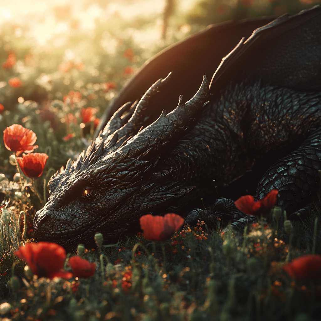 Gigantic black dragon asleep in meadow with flowers.