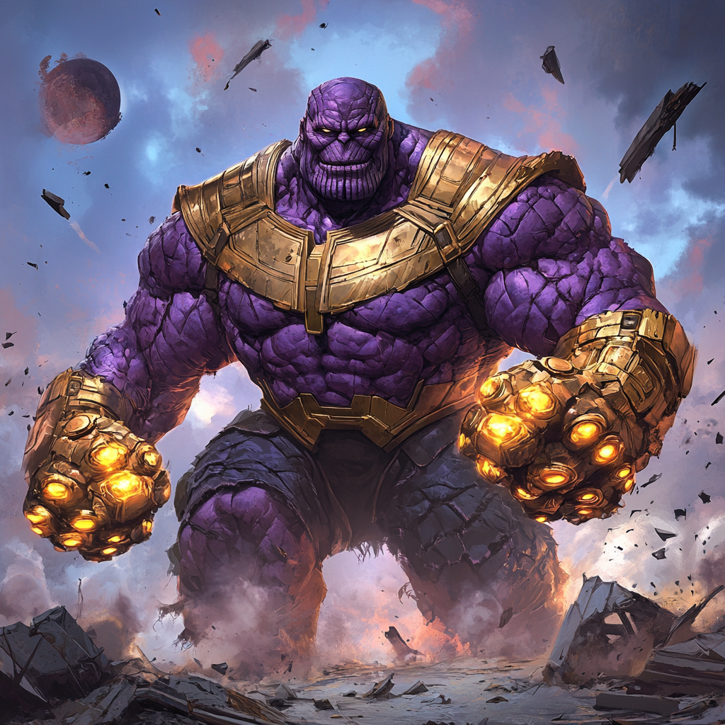 Gigantic fusion creature of Thanos and Godzilla with Infinity Gauntlet.