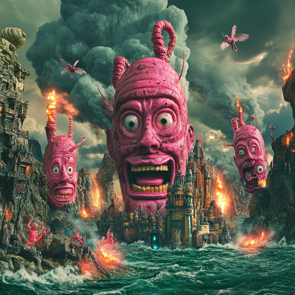 Gigantic pink Moai heads on surreal world landscape.