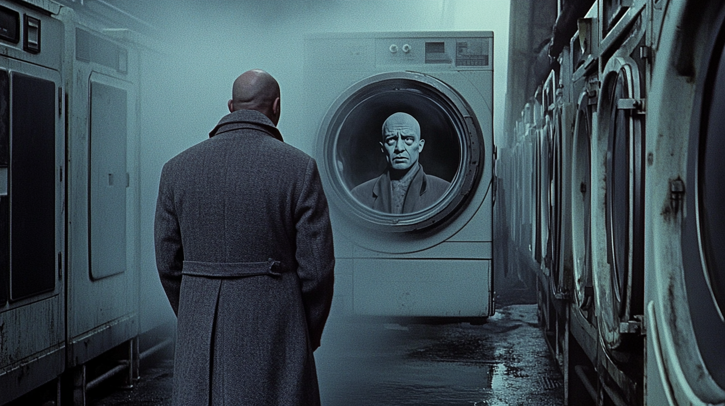 Gigantic washing machine with ghostly 1950s man's face