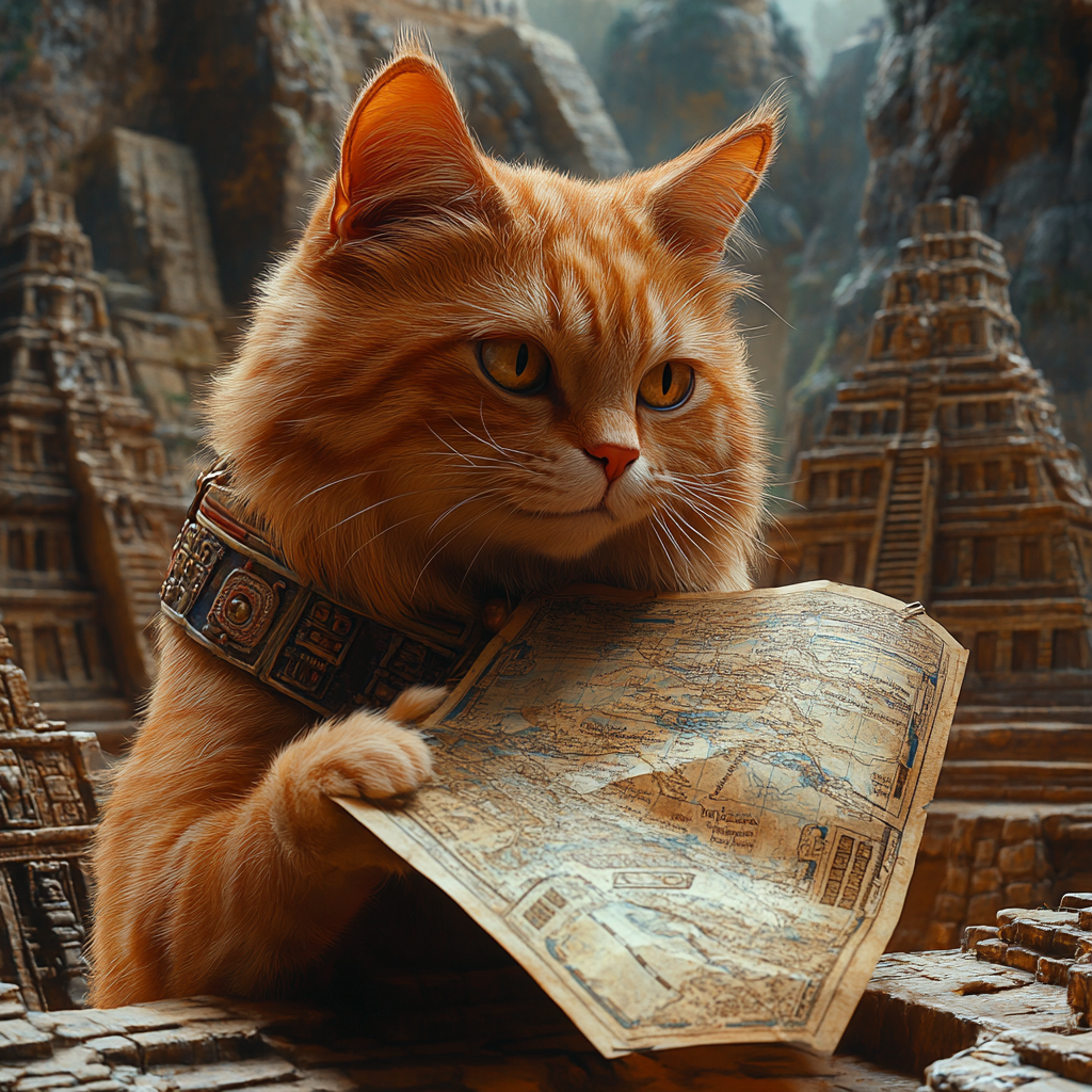 Ginger Cat in Mayan Civilization with Antique Map, 3D Cartoon