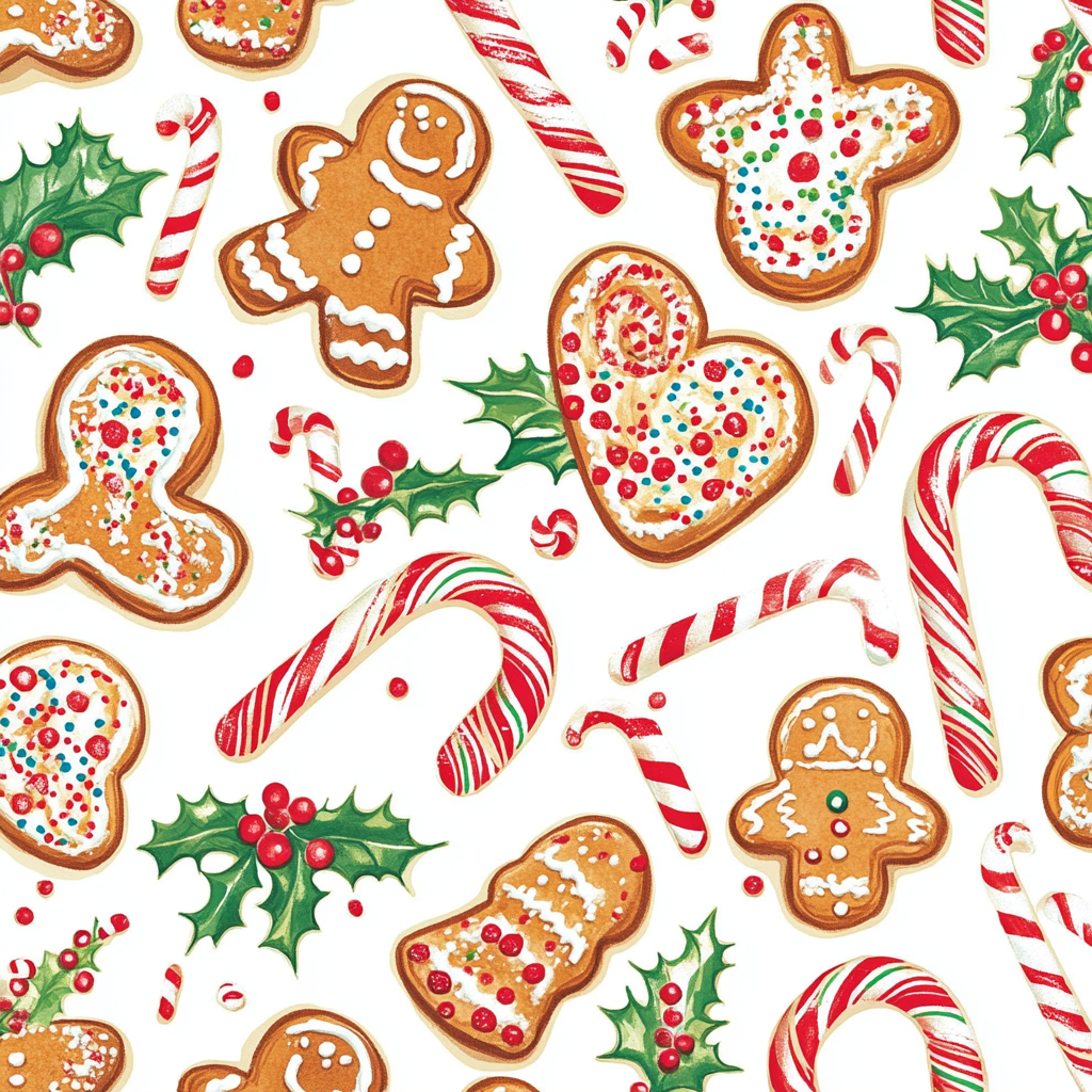 Gingerbread cookies, candy canes, holly leaves pattern.