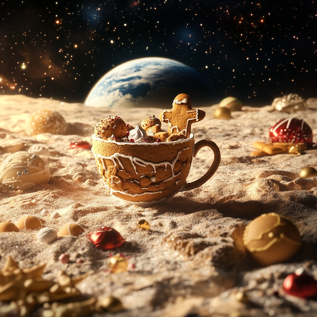 Gingerbread cup on moon with Christmas sweets glow.