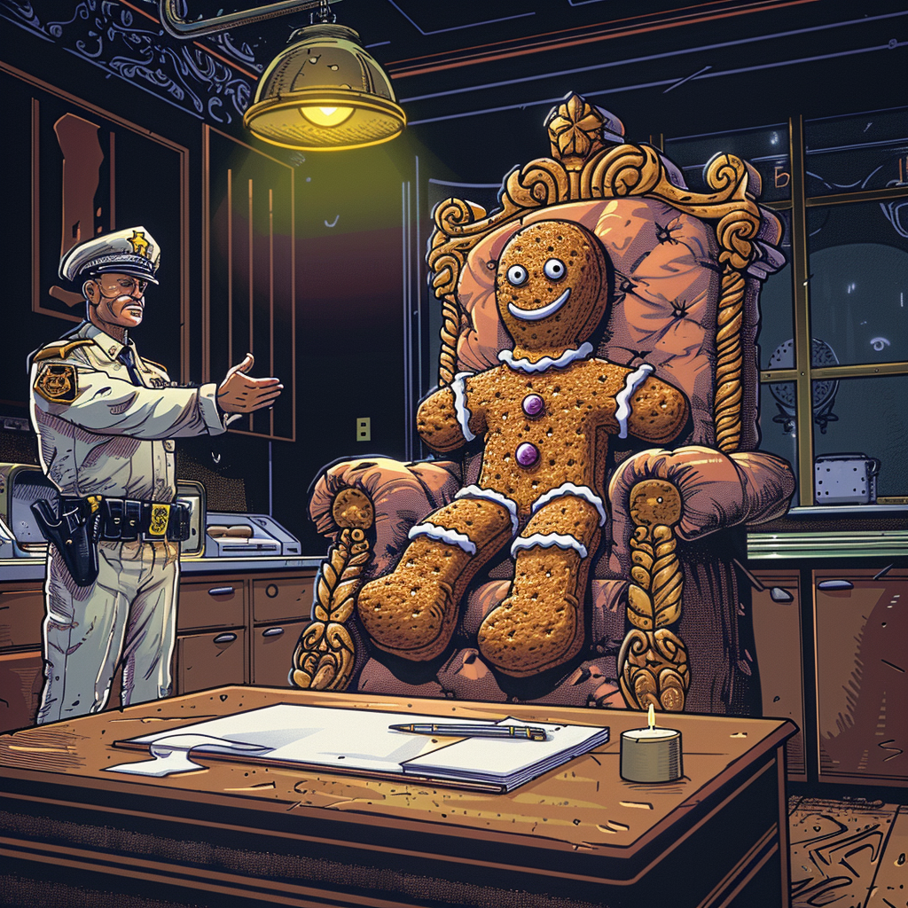 Gingerbread man on icing throne, man talks to police.