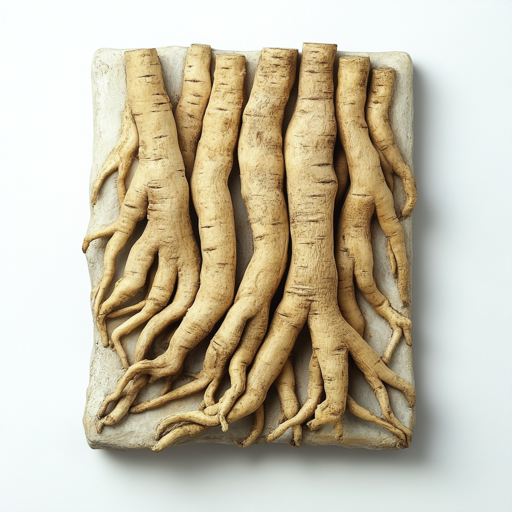 Ginseng roots in a beautiful, natural arrangement.