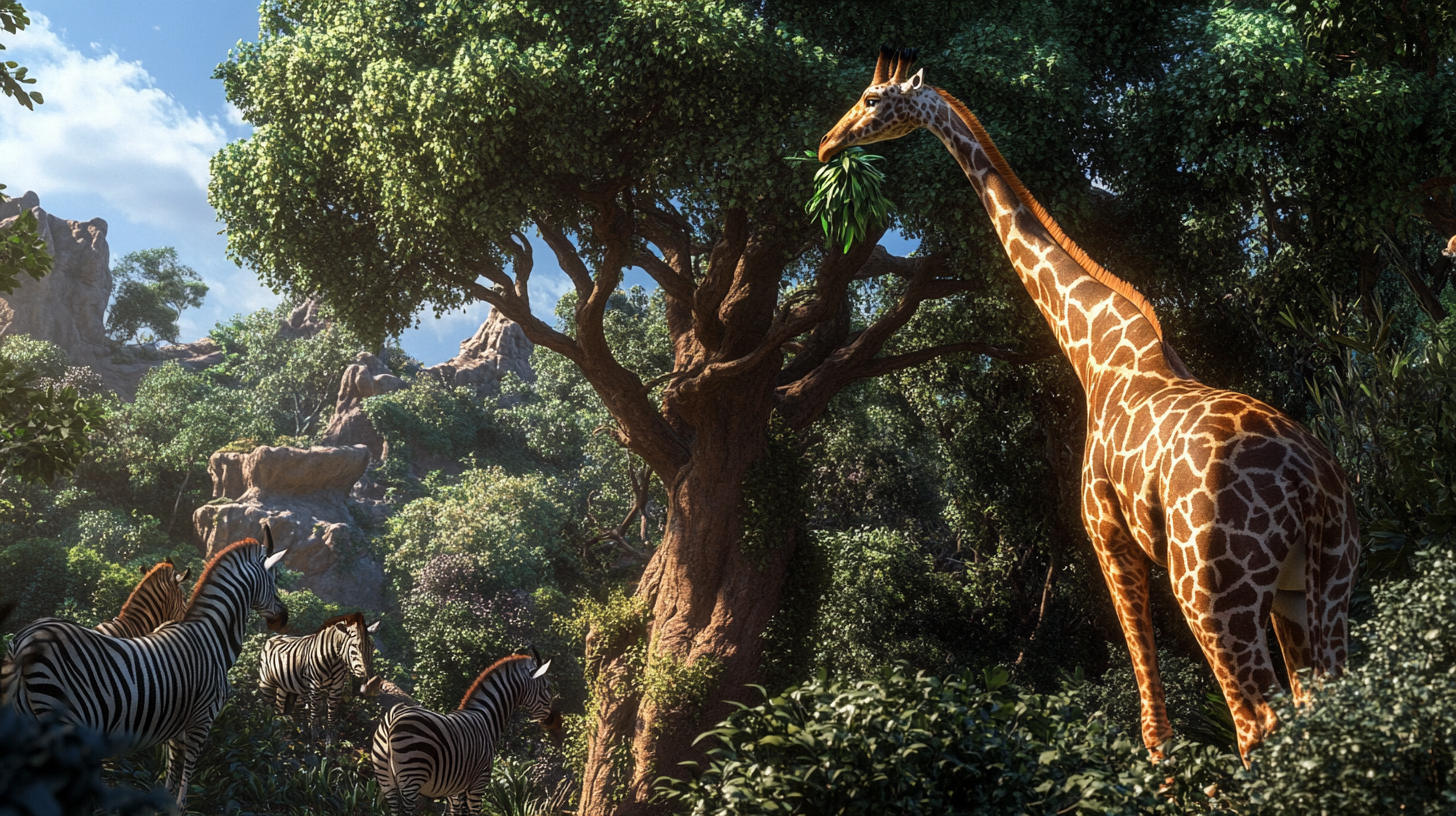 Giraffe eating leaves while other animals watch below.