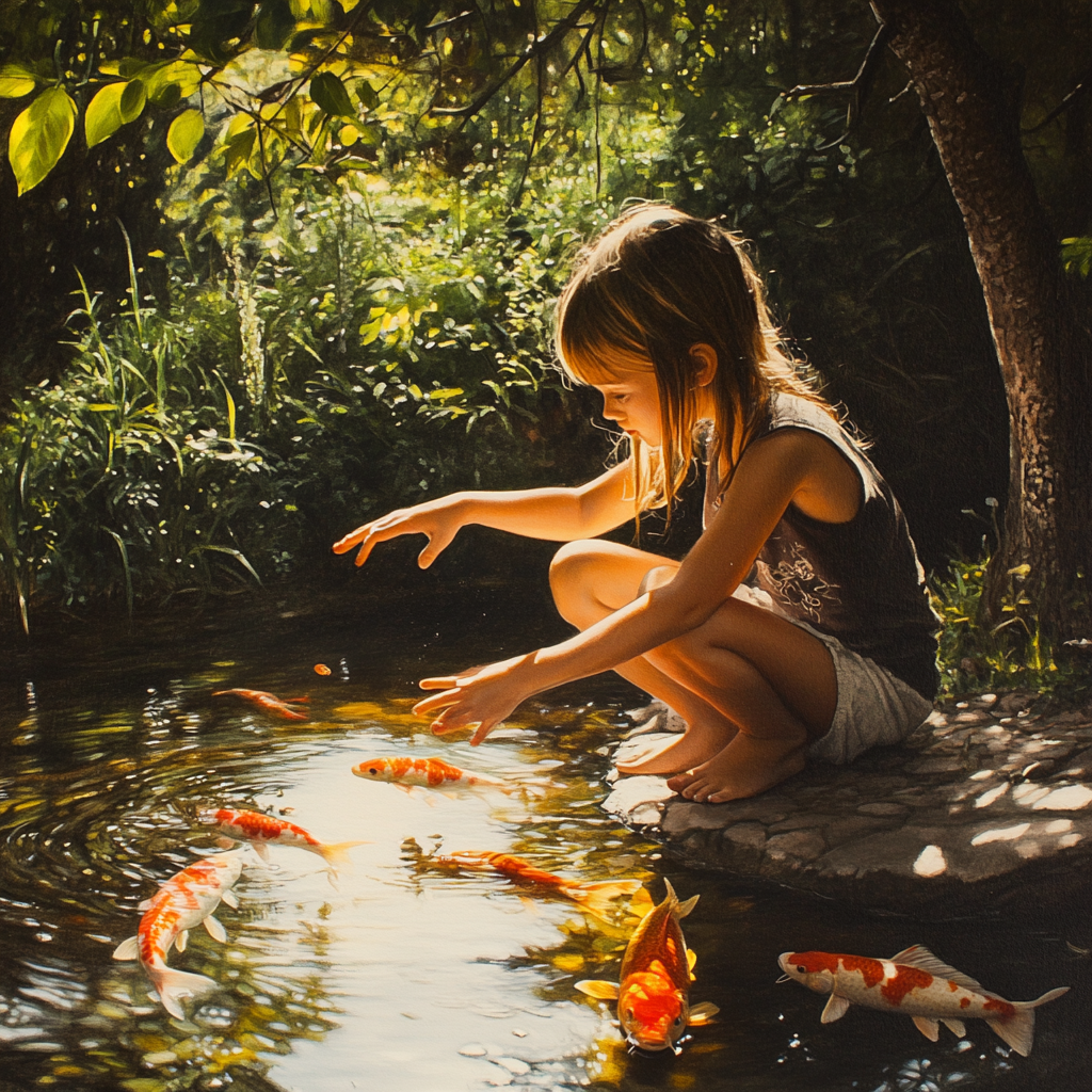 Girl Interacting with Koi Carp by a River