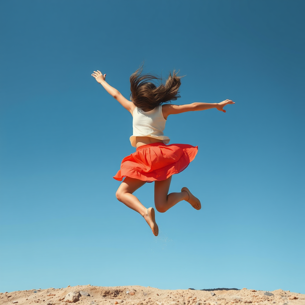 Girl Jumping in Short Skirt During Windy Day