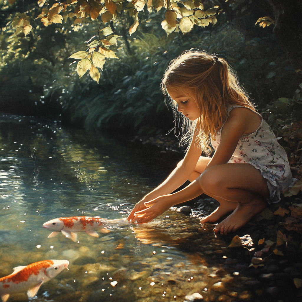 Girl Reaching for Koi Fish near River under Oaktree