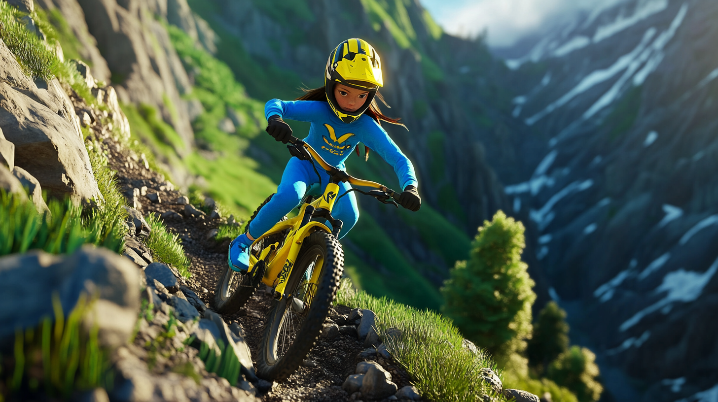 Girl Riding Yellow Mountain Bike Uphill