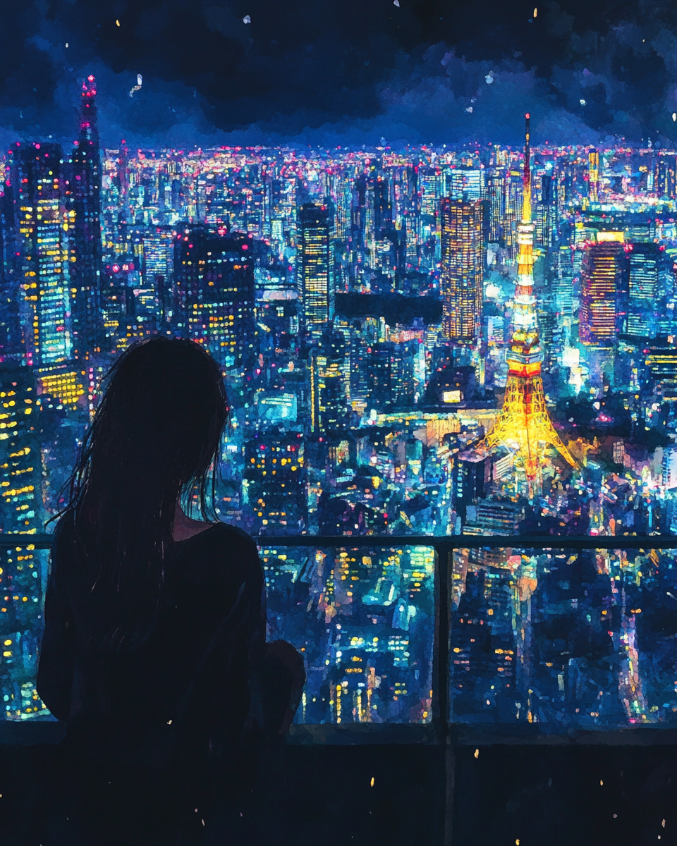 Girl admires Tokyo Tower night view, glittering and beautiful.