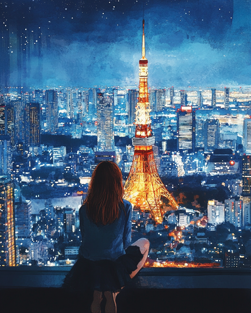 Girl admires Tokyo Tower night view- beautiful scenery.