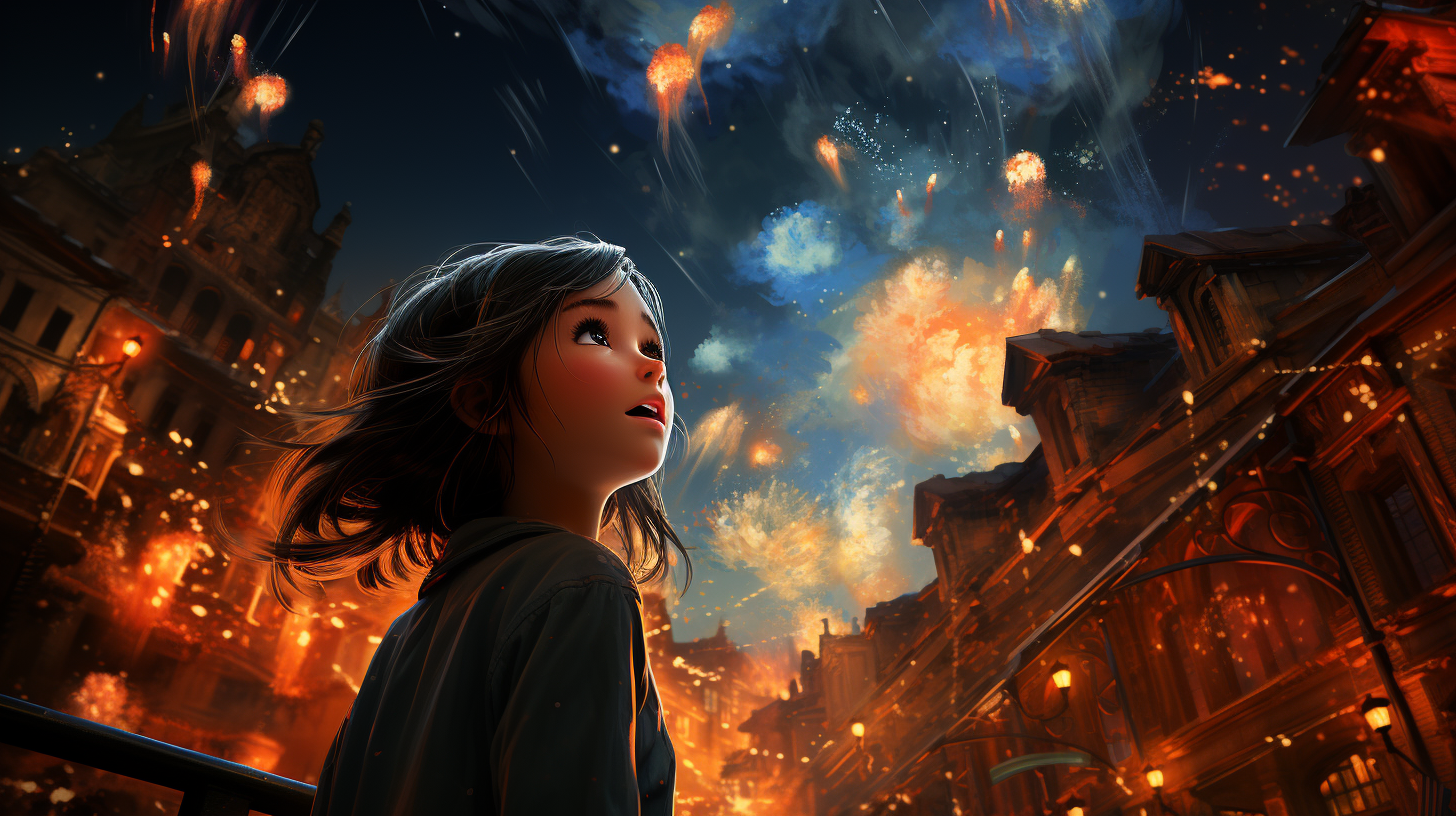 Girl amazed by fireworks in night sky