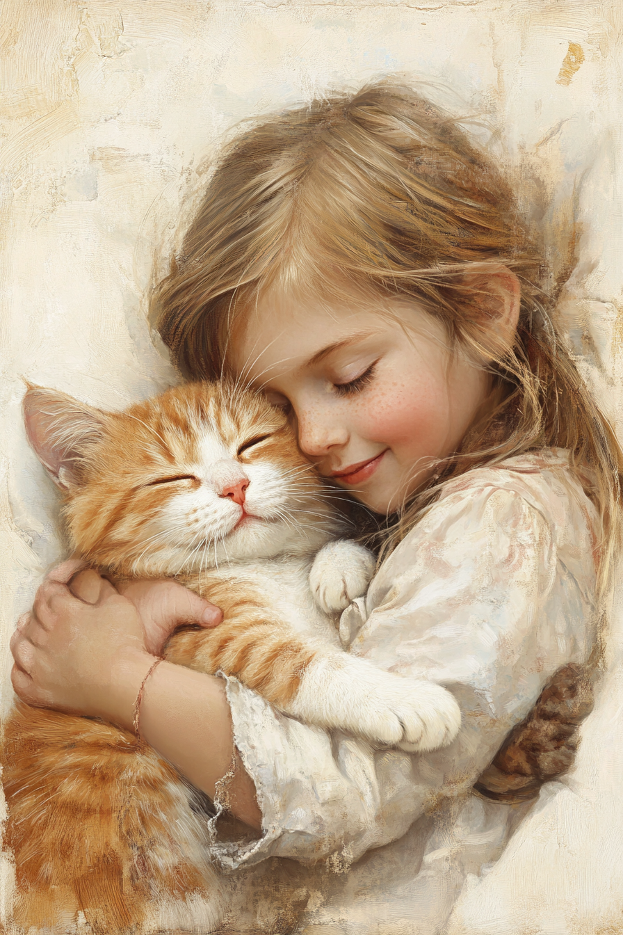 Girl and kitty cat snuggling, showing special bond.