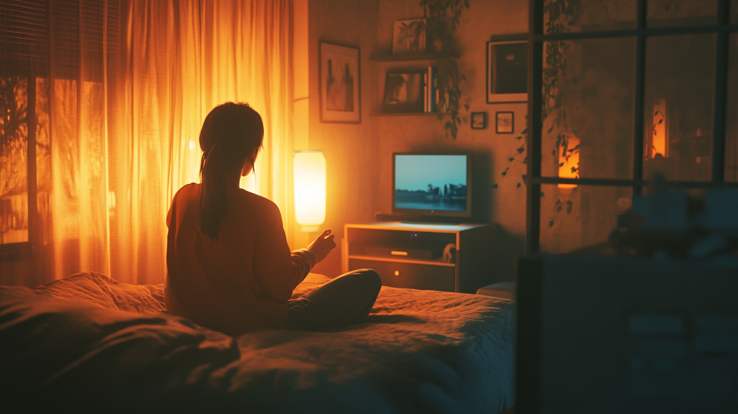 Girl arranging nightstand in cozy bedroom with warm colors.