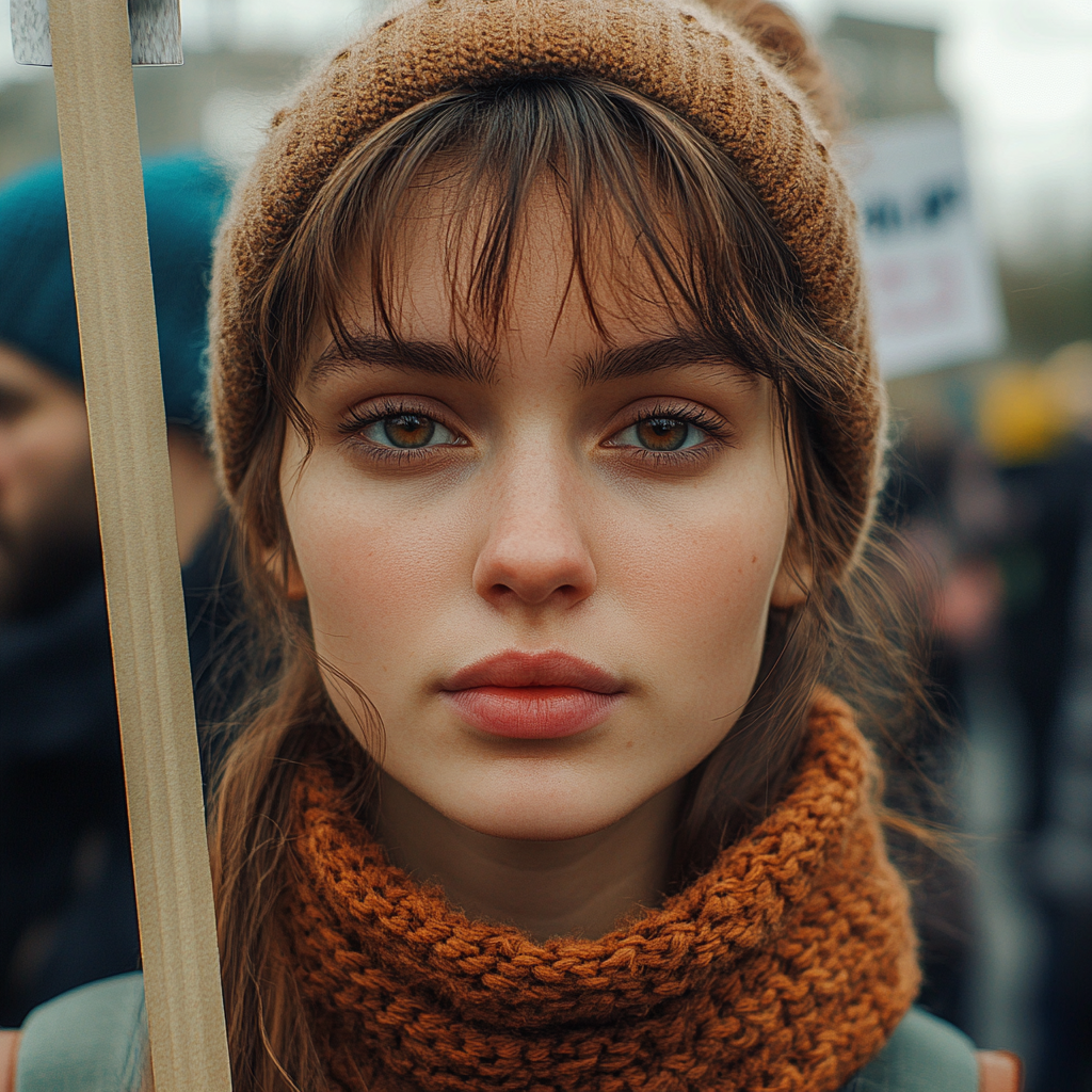 Girl at protest with square sign hyperrealism poster.