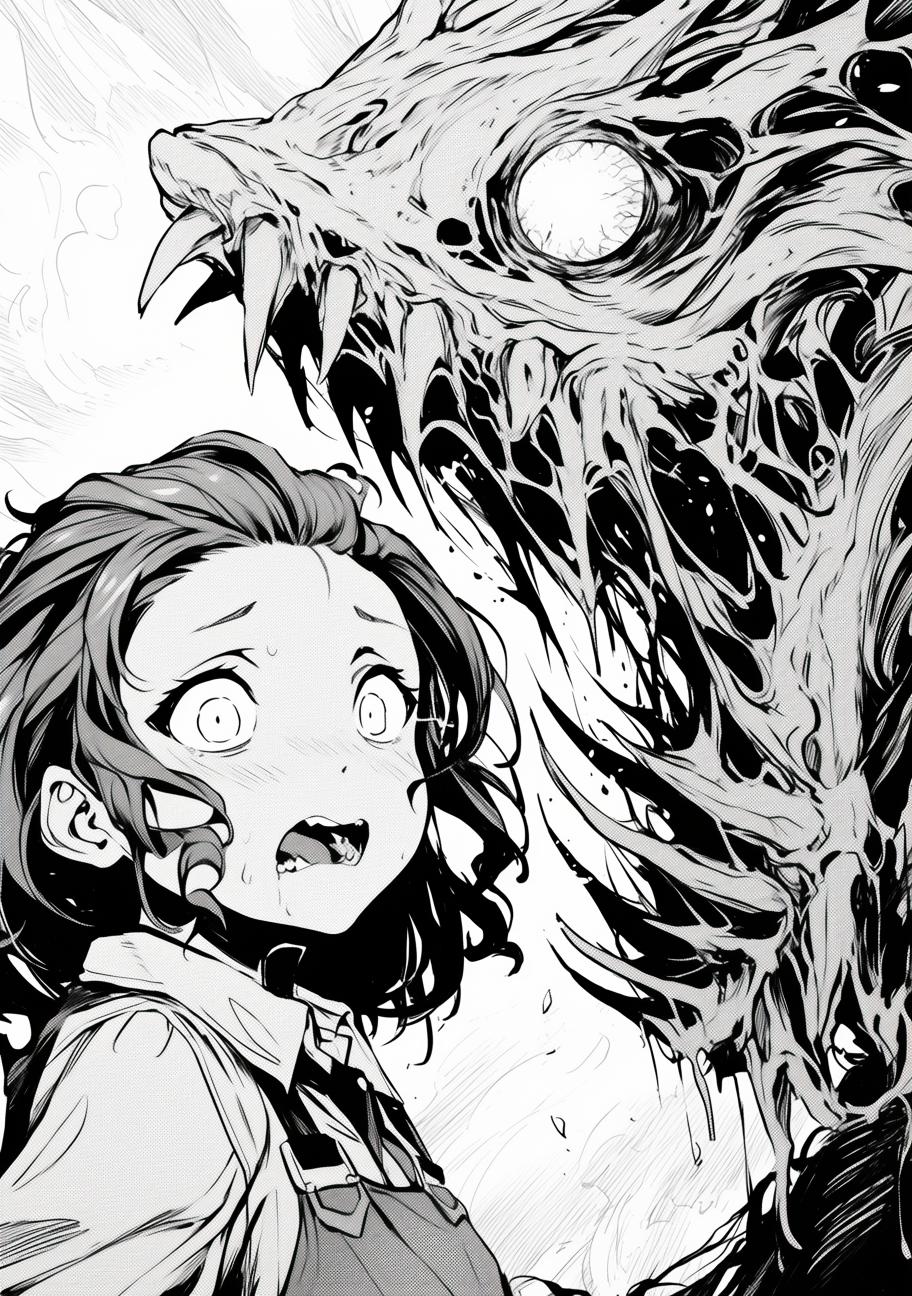 Girl battles creature with sword in manga comic